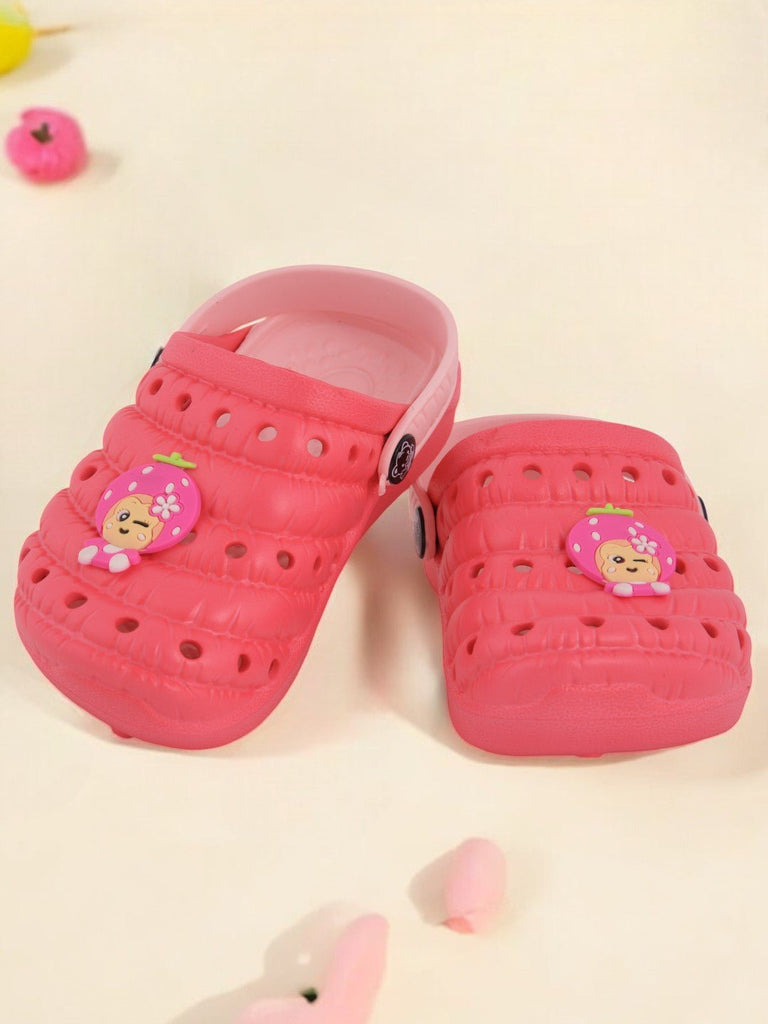 creative view of dark peach rubber clogs for girls with flower cartoon design