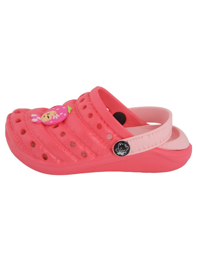 side view of dark peach rubber clogs for girls with flower cartoon design