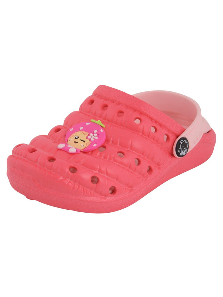 Angle view of dark peach rubber clogs for girls with flower cartoon design