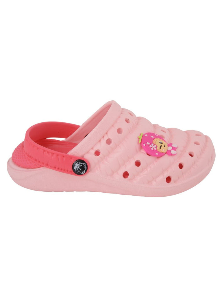 Light Peach flower cartoon design rubber clogs for girls - side  view.