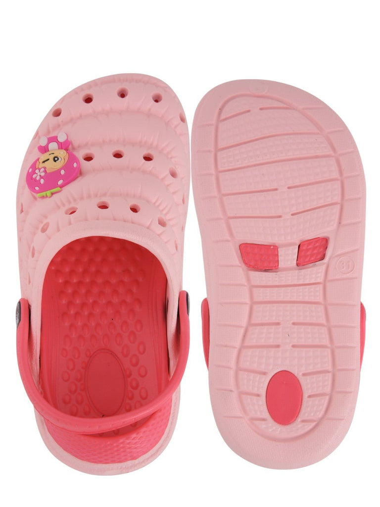 Light Peach flower cartoon design rubber clogs for girls - front and back view.