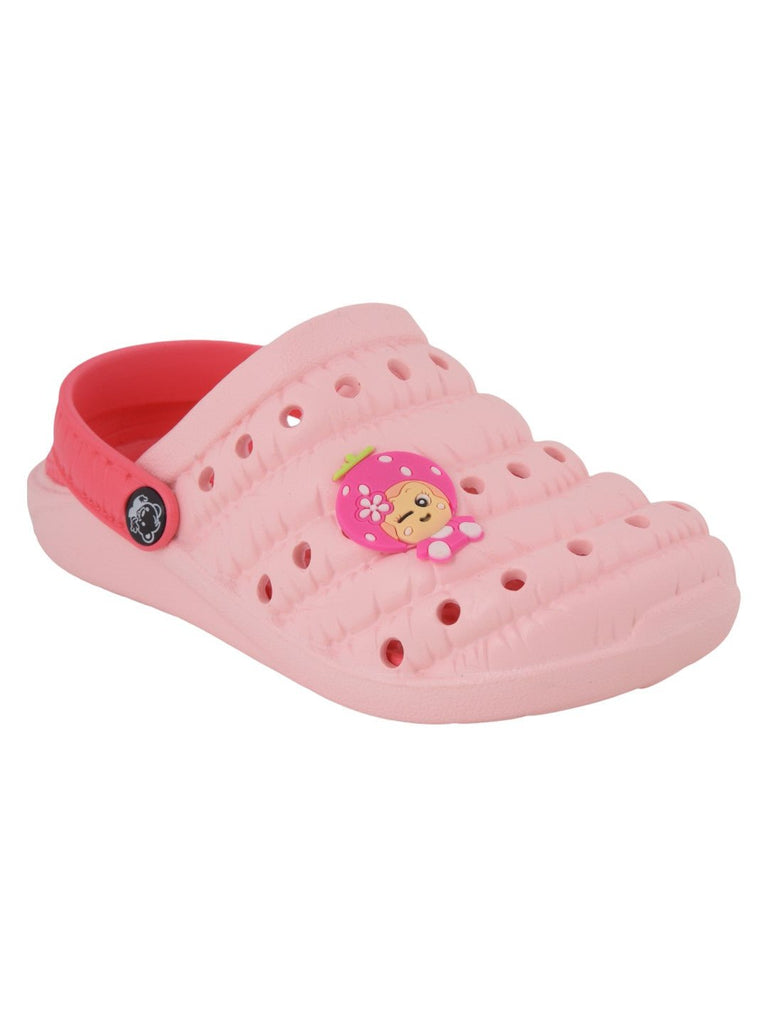 Light Peach flower cartoon design rubber clogs for girls - angle view.