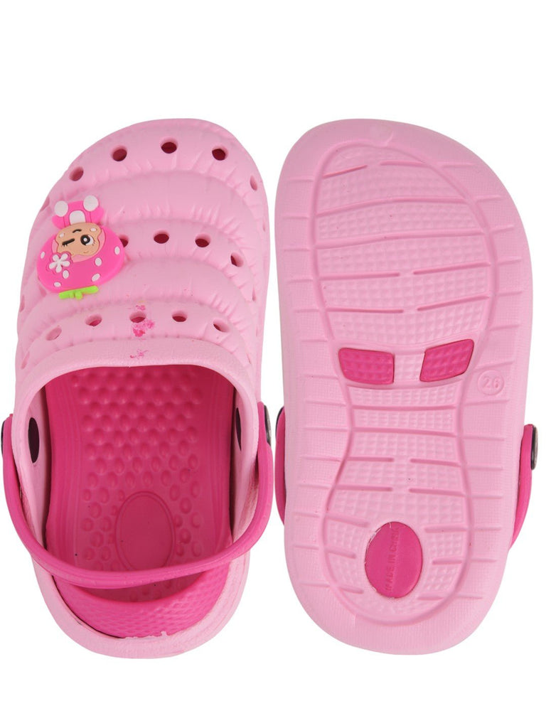 Pink rubber clogs for girls with flower cartoon design - front and back view