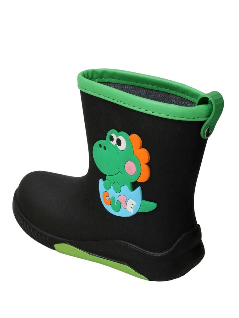 Angle view of Yellow Bee's Adorable Frog Themed Black Rain Boots for Boys.