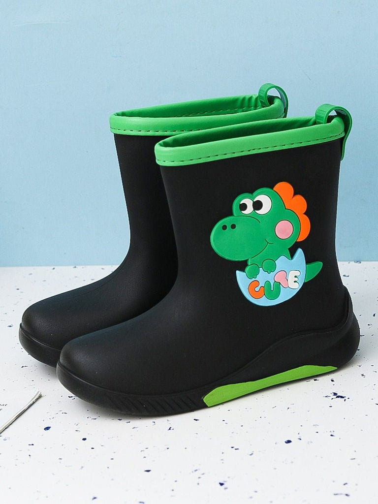 Creativity display of Frog Themed Black Rain Boots showcasing playful design and colors.