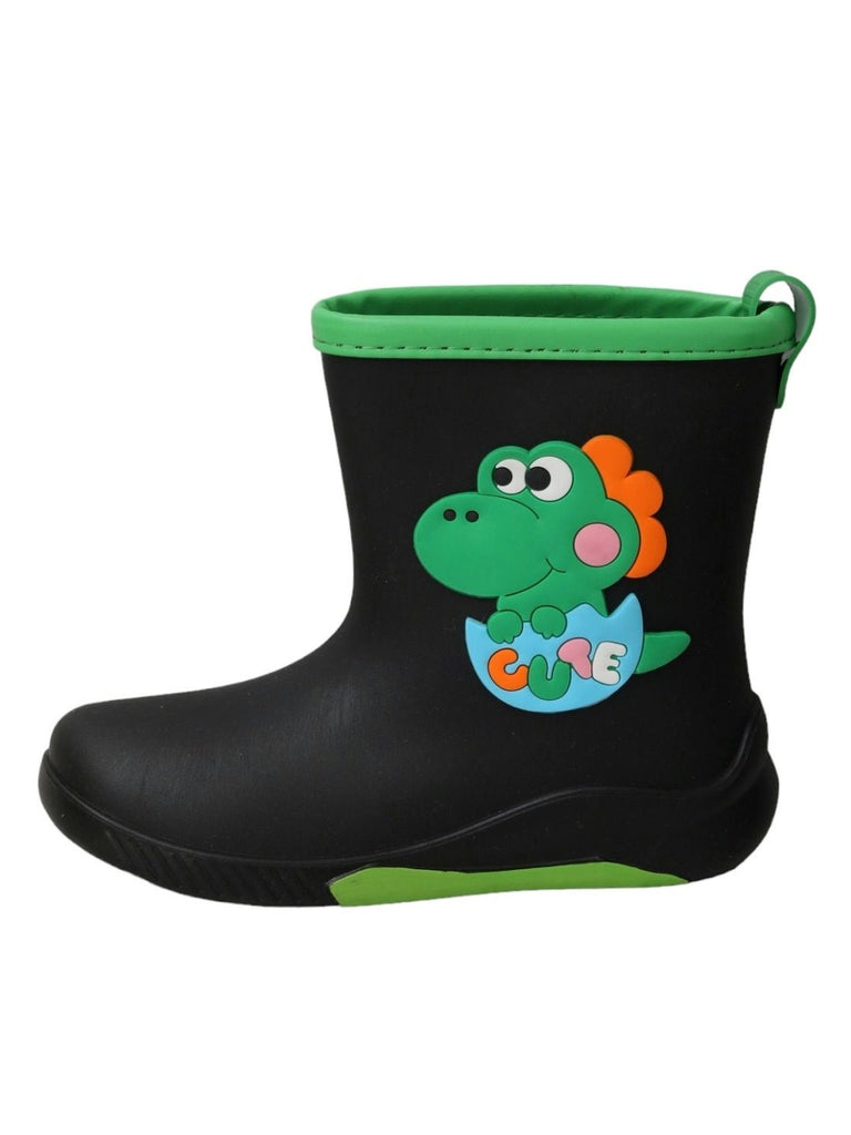 Side view of Yellow Bee's Frog Themed Black Rain Boots for Boys.