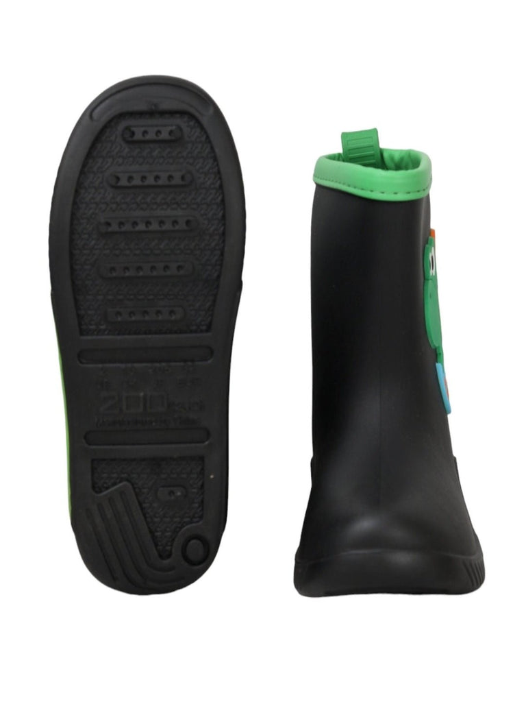 Front and back view of Yellow Bee's Frog Themed Black Rain Boots, highlighting functionality and style.