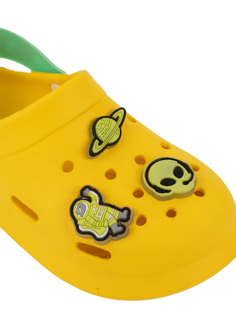 Adorable Glow-in-the-Dark Clogs with 3D Galactic Theme Charms for Boys- Yellow-Close up view