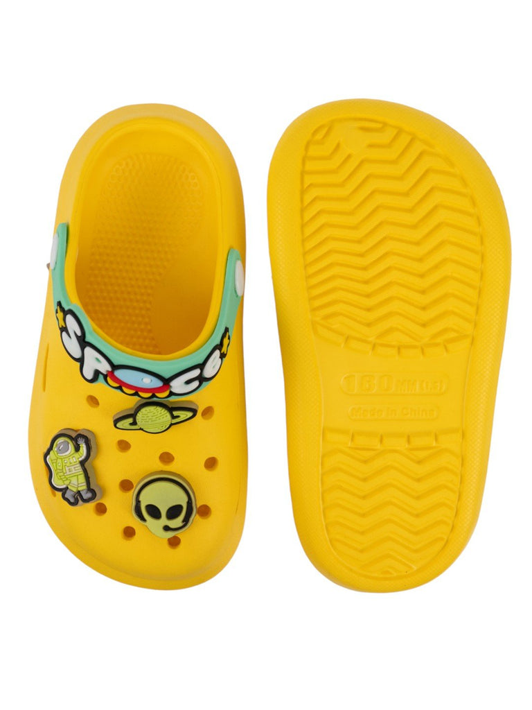 Adorable Glow-in-the-Dark Clogs with 3D Galactic Theme Charms for Boys- Yellow-Front & back View