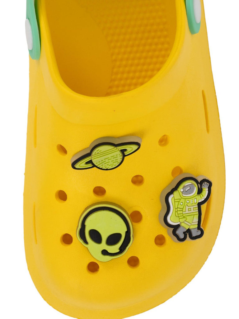 Adorable Glow-in-the-Dark Clogs with 3D Galactic Theme Charms for Boys- Yellow-Front View
