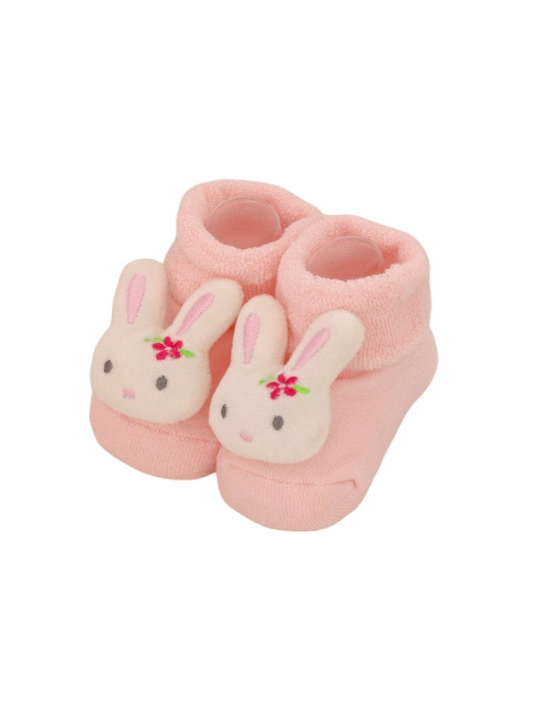 YellowBeeCottonKittyandBunnyRattleSocksComboforGirls-PinkFrontView