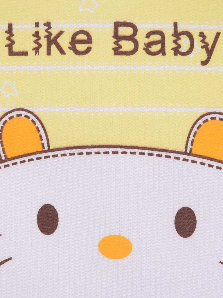 Close-up of the Yellow Bee Sunny Cat Face Baby Bib showcasing the waterproof material and striped pattern.