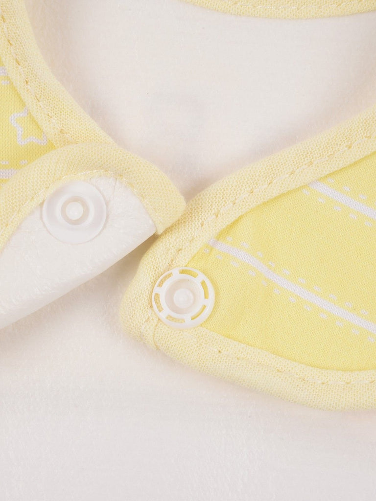 Close-up of the Yellow Bee Sunny Cat Face Baby Bib showcasing the waterproof material and striped pattern.