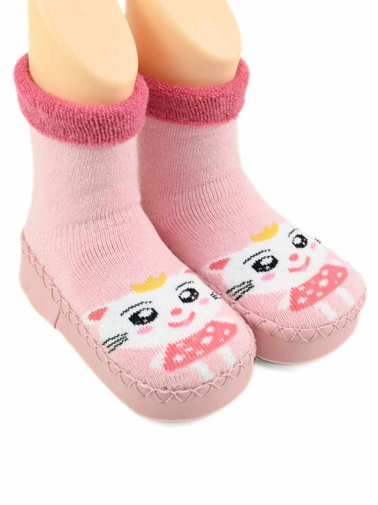 Adorable Kitty Face Baby Leather Socks for Girls Pink-Angle view