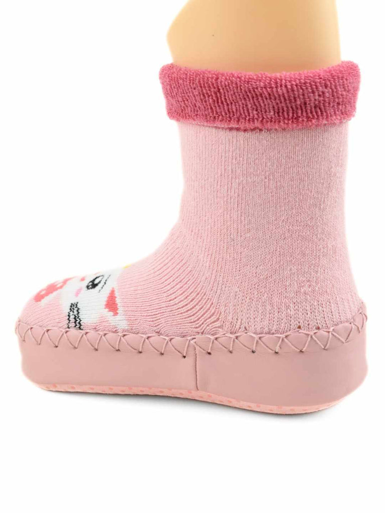 Adorable Kitty Face Baby Leather Socks for Girls Pink-Back view