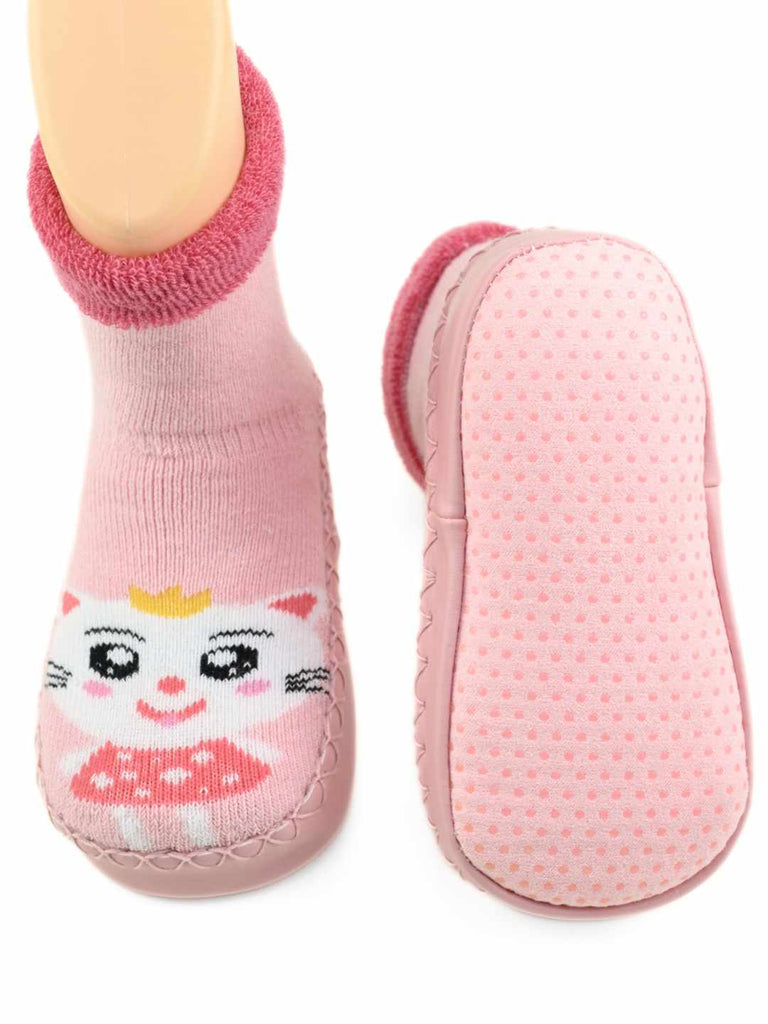 Adorable Kitty Face Baby Leather Socks for Girls Pink-Front & Back view