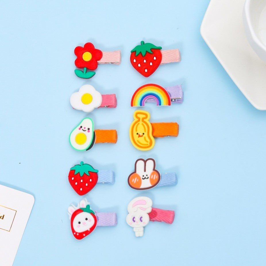 Creative display of Yellow Bee's random shape hair clips for playful styling.
