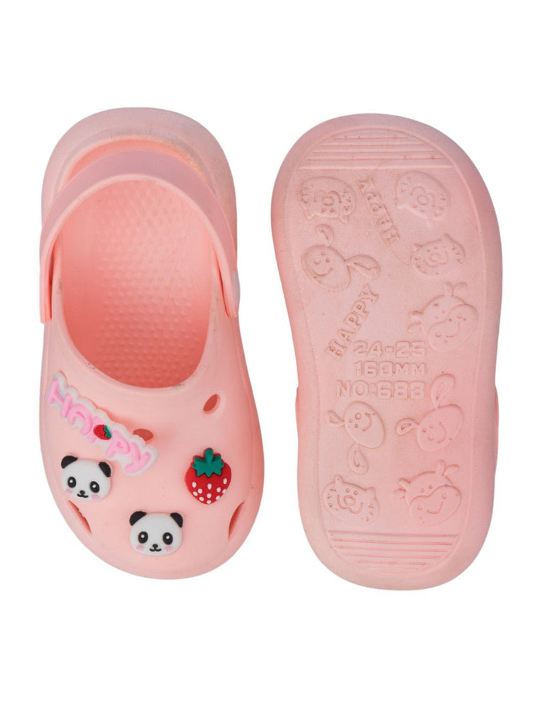 Adorable Panda & Strawberry Charm Clogs with Happy Text for Girls - Pink-Front & Back View