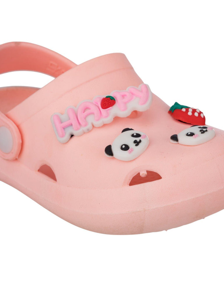 Adorable Panda & Strawberry Charm Clogs with Happy Text for Girls - Pink-Close Up View