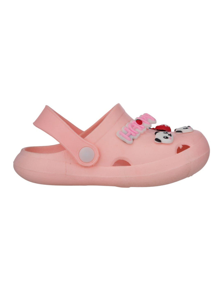Adorable Panda & Strawberry Charm Clogs with Happy Text for Girls - Pink-Side View