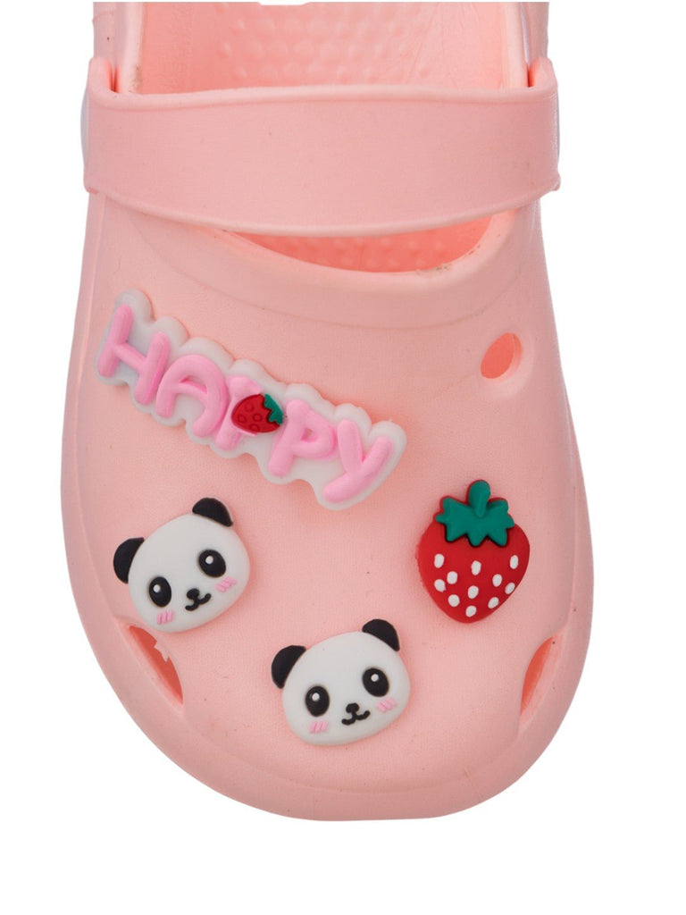 Adorable Panda & Strawberry Charm Clogs with Happy Text for Girls - Front View