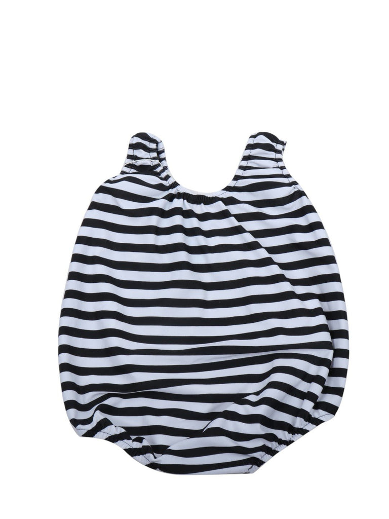 Adorable Penguin-Themed Swimsuit with Striped Design and Cap For Girls- Back View