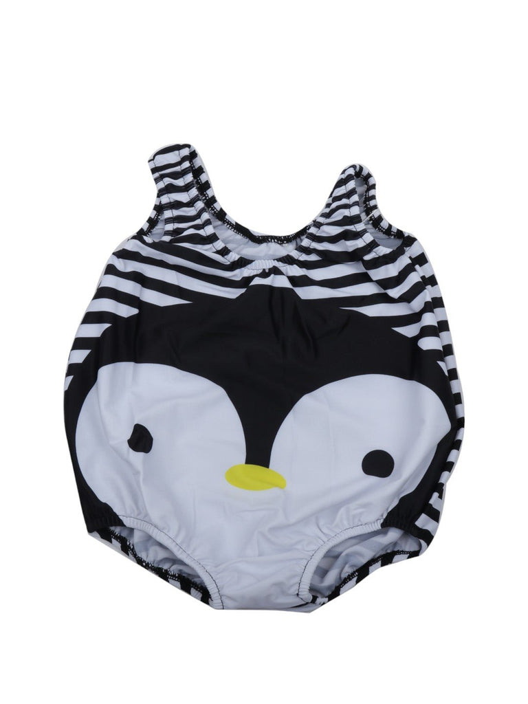 Adorable Penguin-Themed Swimsuit with Striped Design and Cap For Girls- Front View