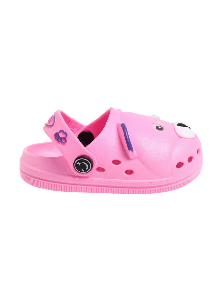 Side view of pink children's clogs with bear face, showing the soft insole and ventilation holes.