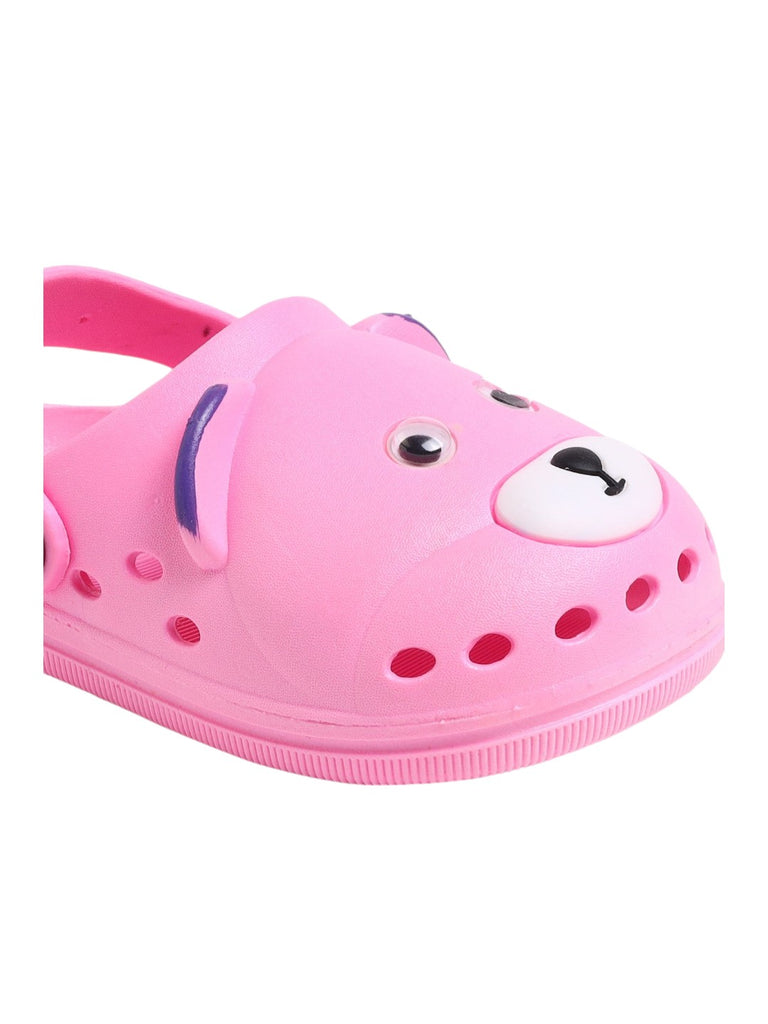 Side view of pink children's clogs with bear face, showing the soft insole and ventilation holes.-zoom