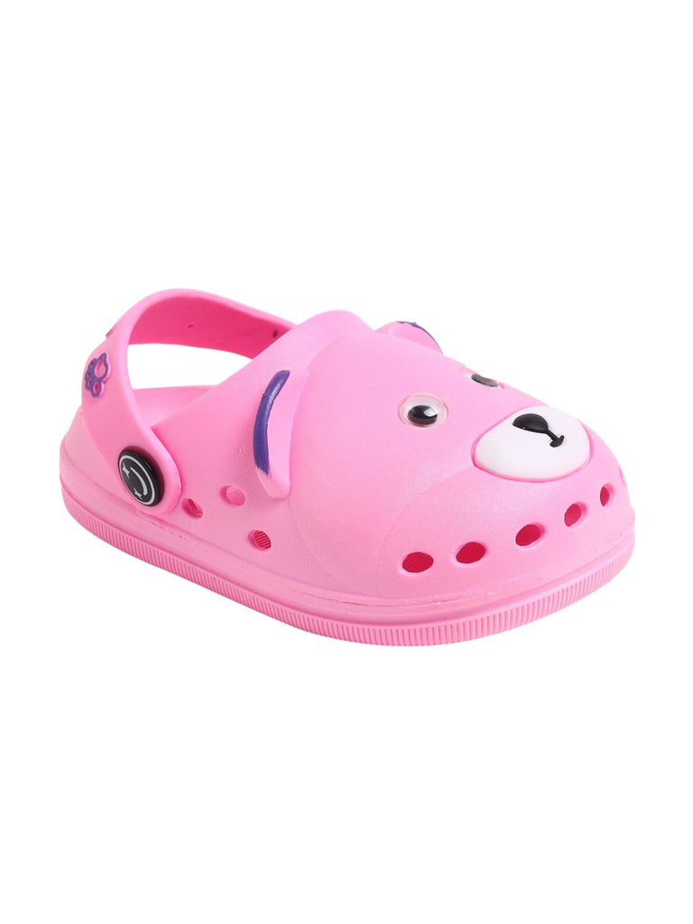 Pink clogs for kids with a cute bear design and 'CUTE' strap detail.-a