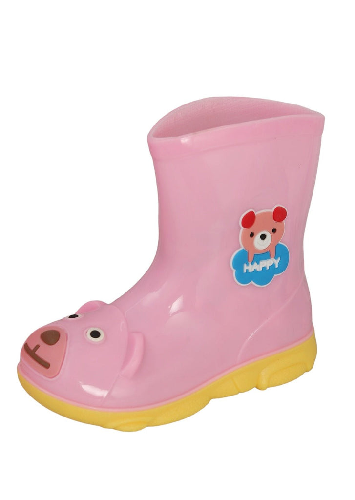 Angle Side view of Yellow Bee Pink Bear Themed Rain Boots for Girls.