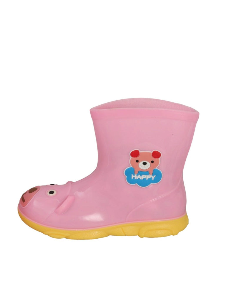 Side view of Yellow Bee Pink Bear Themed Rain Boots for Girls detailing the bear face and design.