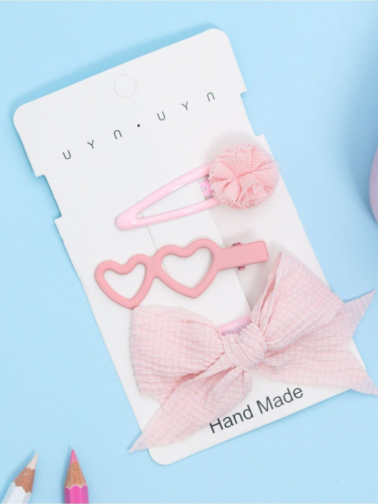 Adorable Pink Hair Clip Set for Girls - Bow, Heart, and Pom-Pom Designs-Creative View