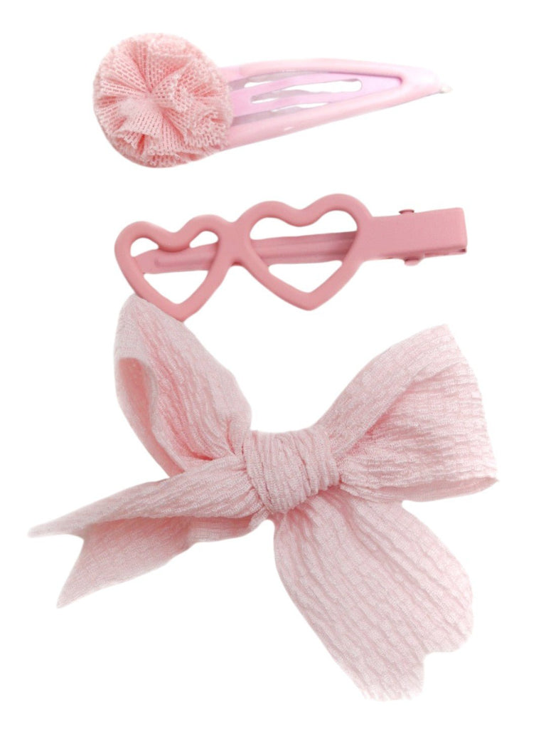 Adorable Pink Hair Clip Set for Girls - Bow, Heart, and Pom-Pom Designs-Close up view