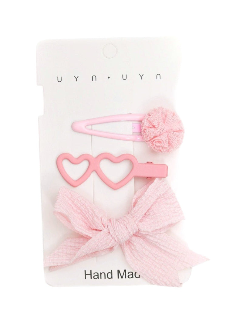 Adorable Pink Hair Clip Set for Girls - Bow, Heart, and Pom-Pom Designs-Full View