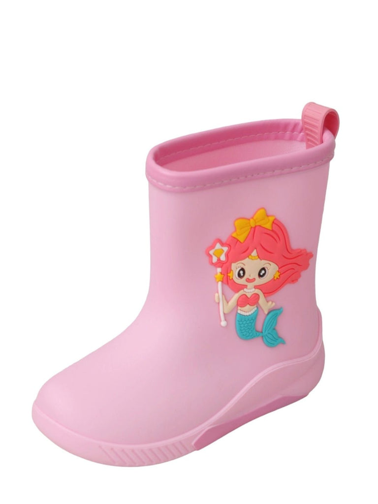 Angle view of Yellow Bee's Adorable Pink Mermaid Rain Boots for Girls.