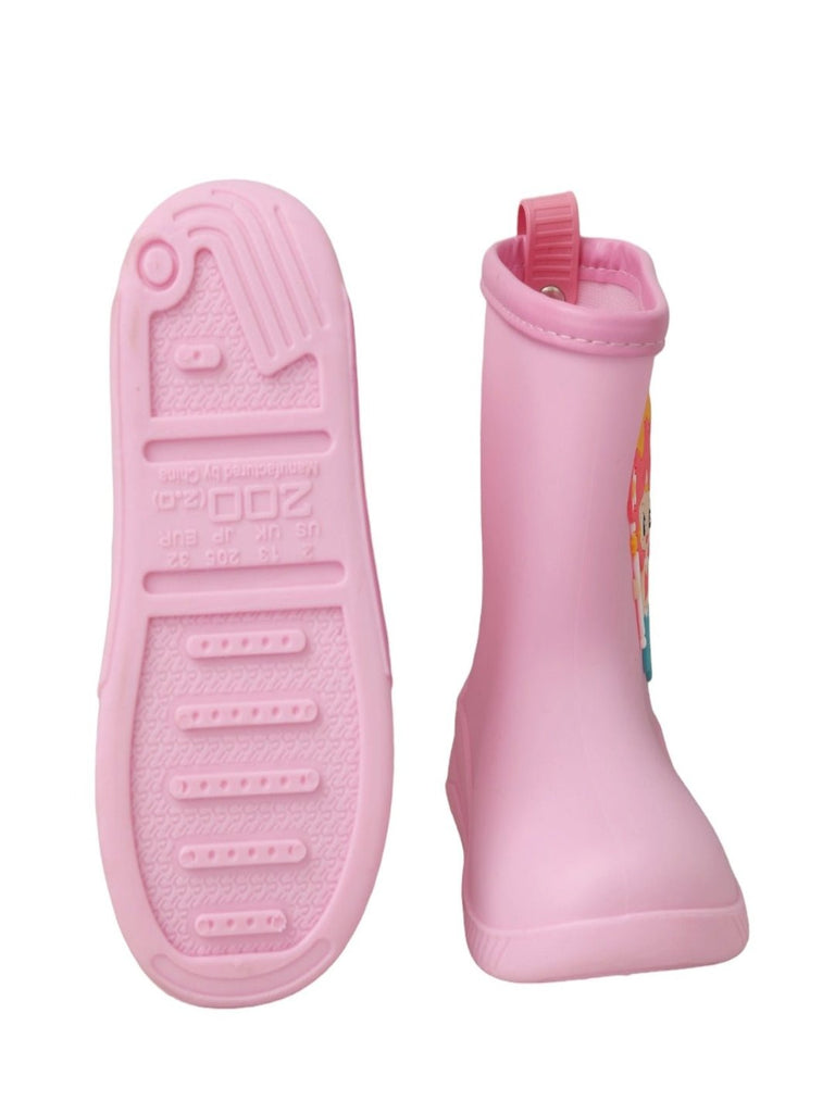 Front and back view of Yellow Bee's Pink Mermaid Rain Boots, highlighting design and functionality.