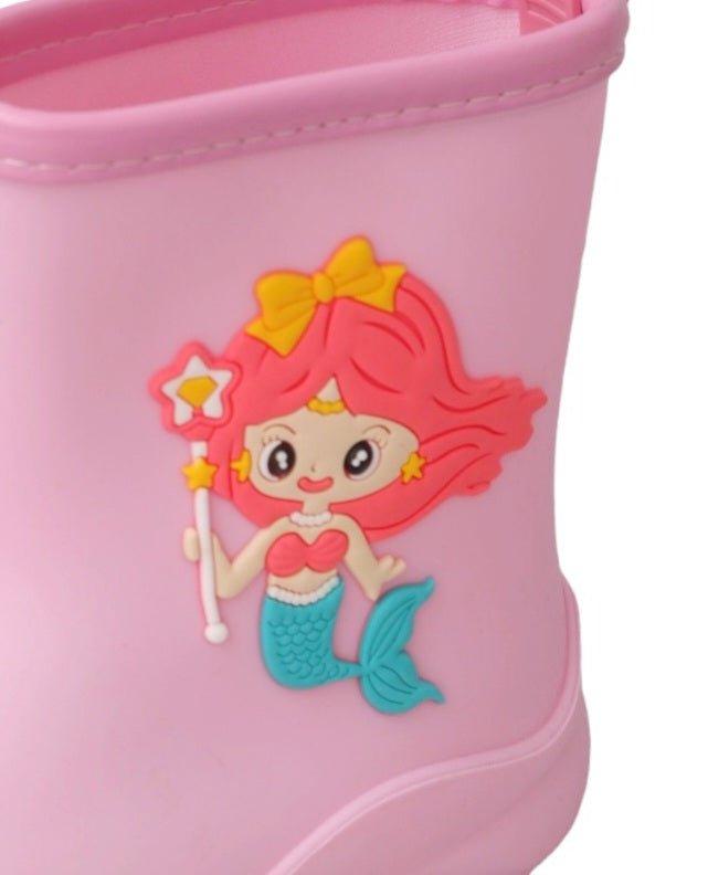  Close-up view of the mermaid design on Yellow Bee's Pink Mermaid Rain Boots.