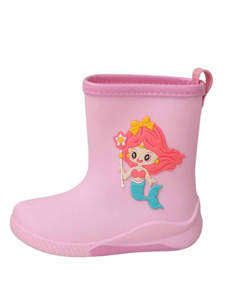 Side view of Yellow Bee's Pink Mermaid Rain Boots for Girls.