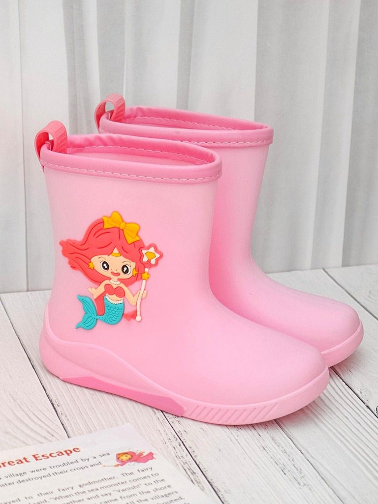 Creativity display of Pink Mermaid Rain Boots for Girls showing playful aesthetic.