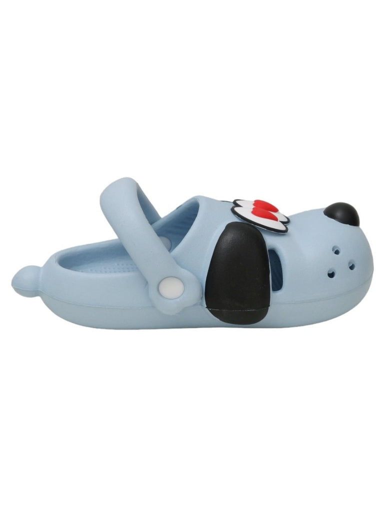 Side view of Yellow Bee's Adorable Puppy Love Girl's Clogs in Blue.