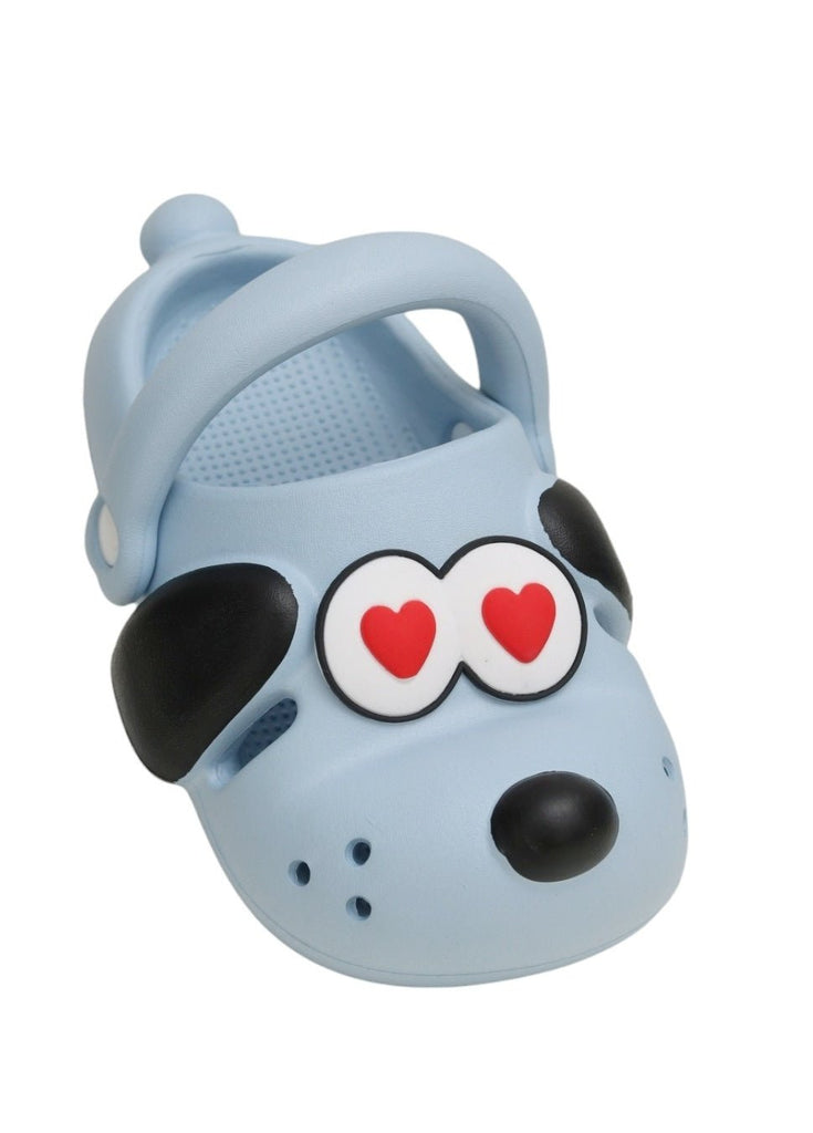 Angle view of Yellow Bee's Adorable Puppy Love Girl's Clogs in Blue.