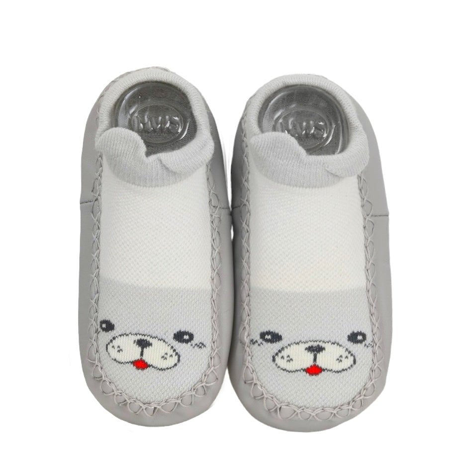 Top view of baby boy's puppy-themed socks with ergonomic design for comfortable wear.