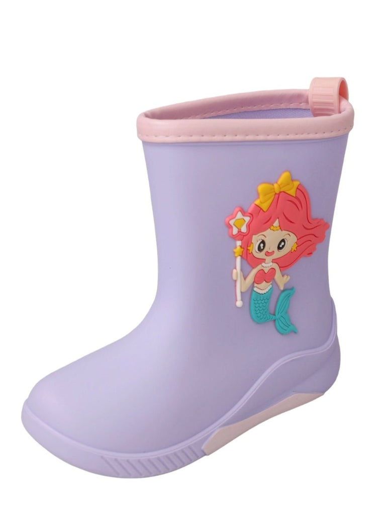 Angle view of Purple Mermaid Rain Boots for Girls by Yellow Bee, showcasing the full design.