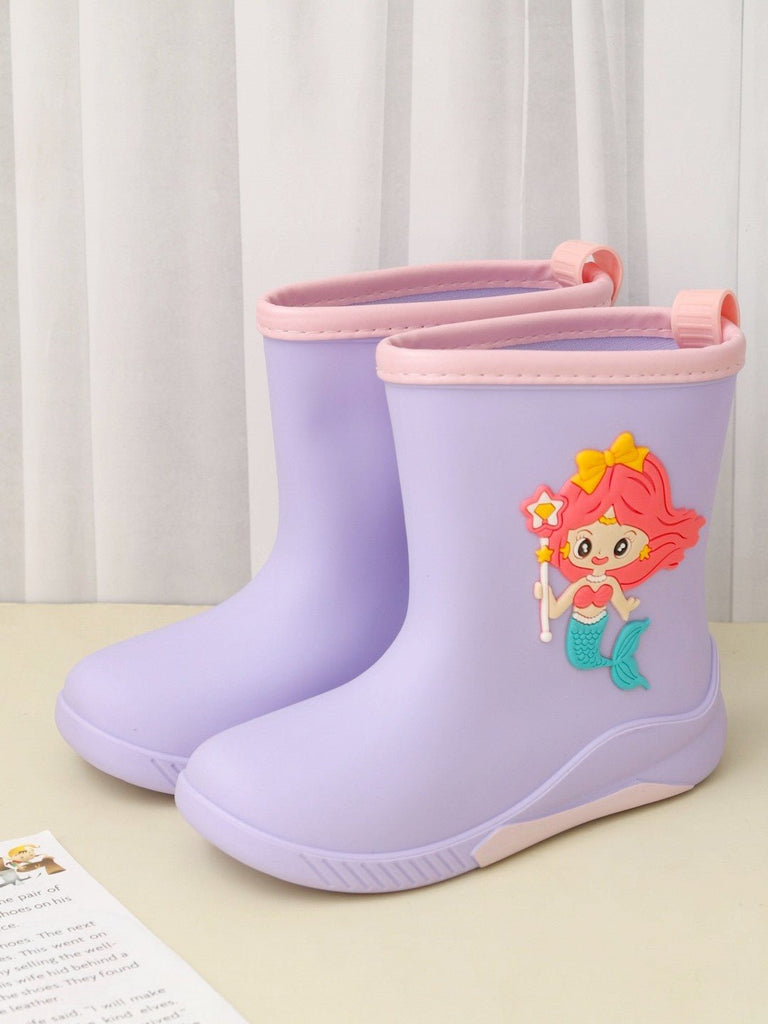 Creative display setting of the Purple Mermaid Rain Boots for Girls by Yellow Bee.