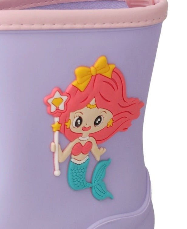 Close-up detail of the mermaid figure on the Purple Rain Boots for Girls.