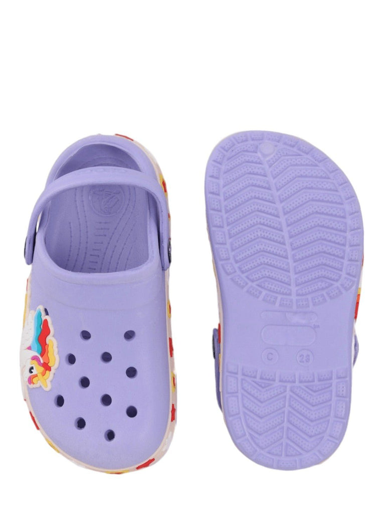 Top and sole view of kids' unicorn-themed clogs showing the anti-slip design and playful pattern