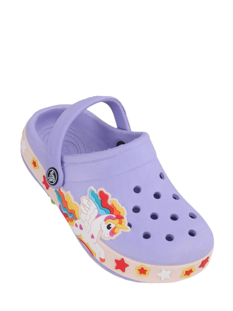 Side view of a child's unicorn clog with a secure strap and charming fantasy design.