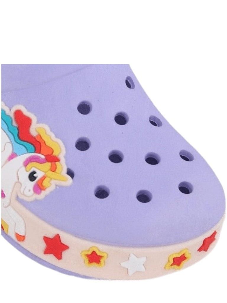 Close-up of a Purple kid's clog with a unicorn motif and colorful stars along the rim