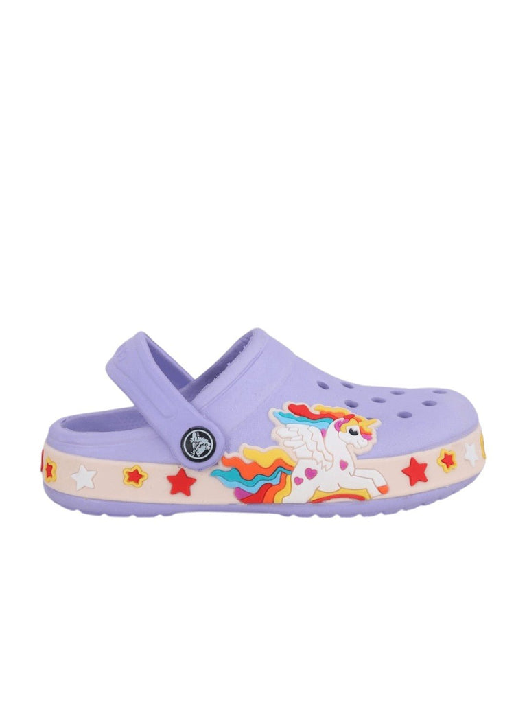 Full view of kids' Purple unicorn clogs with a fantasy-inspired pattern and comfortable fit